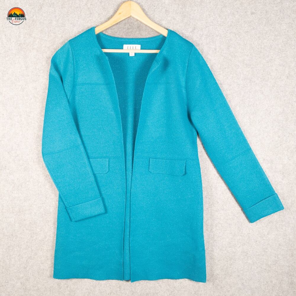 Elle Cardigan Sweater Blue Teal Knit Open Front Officewear Women's Size Small